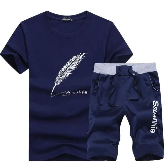 2019 Fashion Summer 2PC Top Short Set Mens Stand Collar 2 Pieces T-shirt Shorts Fitness Suits Tracksuit Brand Sportsuits Set Men