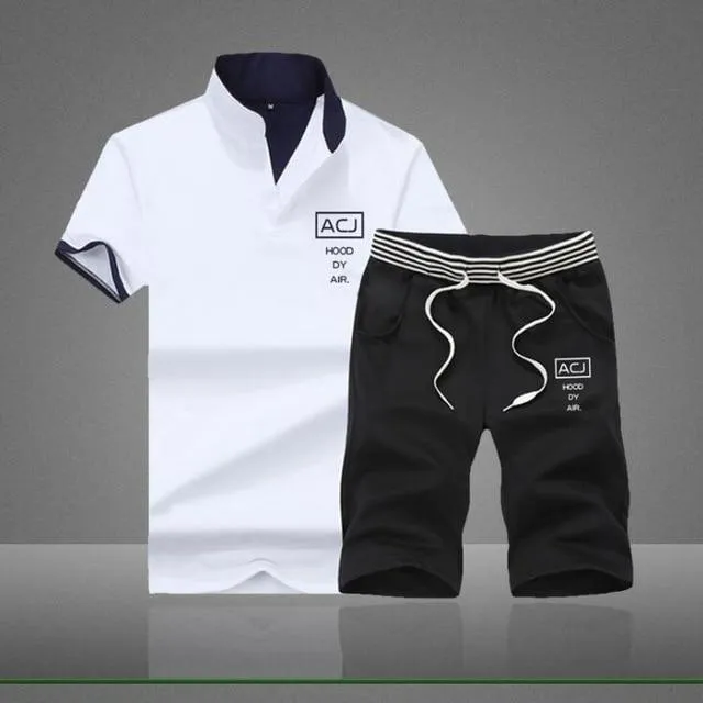 2019 Fashion Summer 2PC Top Short Set Mens Stand Collar 2 Pieces T-shirt Shorts Fitness Suits Tracksuit Brand Sportsuits Set Men