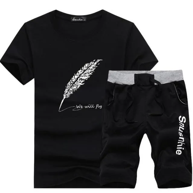2019 Fashion Summer 2PC Top Short Set Mens Stand Collar 2 Pieces T-shirt Shorts Fitness Suits Tracksuit Brand Sportsuits Set Men