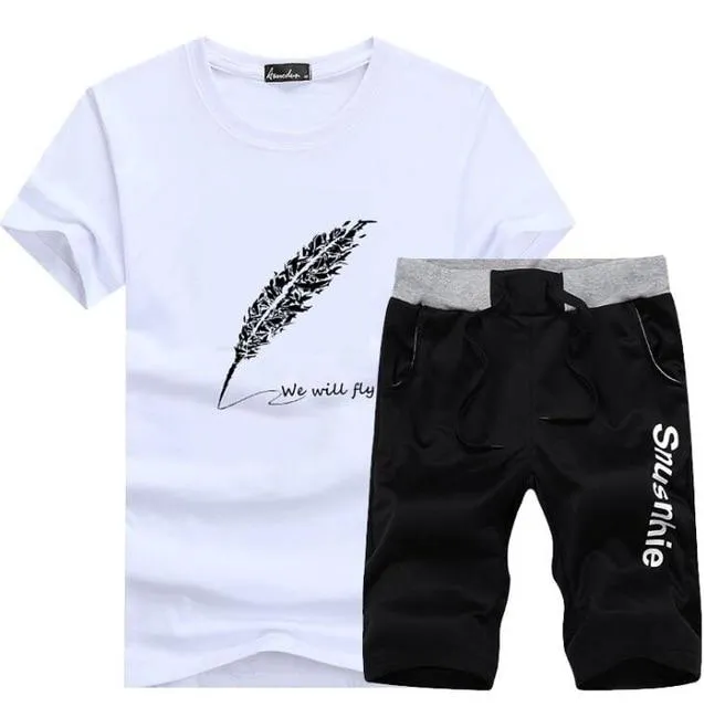 2019 Fashion Summer 2PC Top Short Set Mens Stand Collar 2 Pieces T-shirt Shorts Fitness Suits Tracksuit Brand Sportsuits Set Men