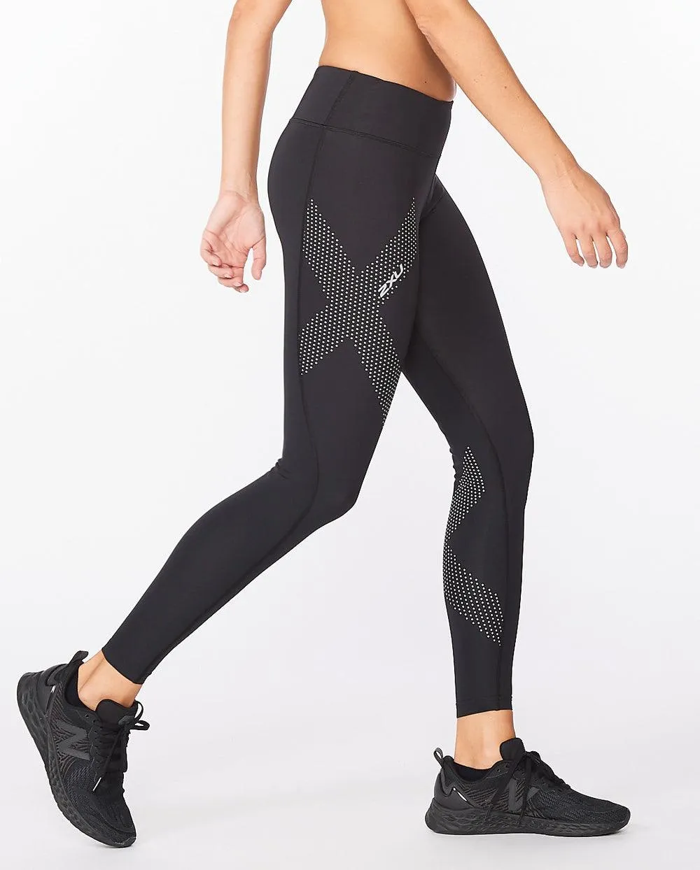 2XU Motion Mid Rise Womens Compression Tights (Black/Dotted Reflective Logo)
