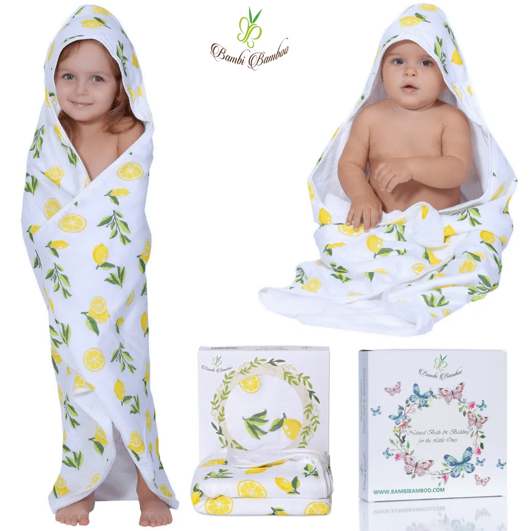 Baby Hooded Towel, Muslin-Backed, Buttery Soft Terry, Lemon Print