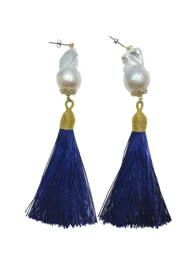 Baroque Pearls With Deep Blue Tassel Earrings CE001