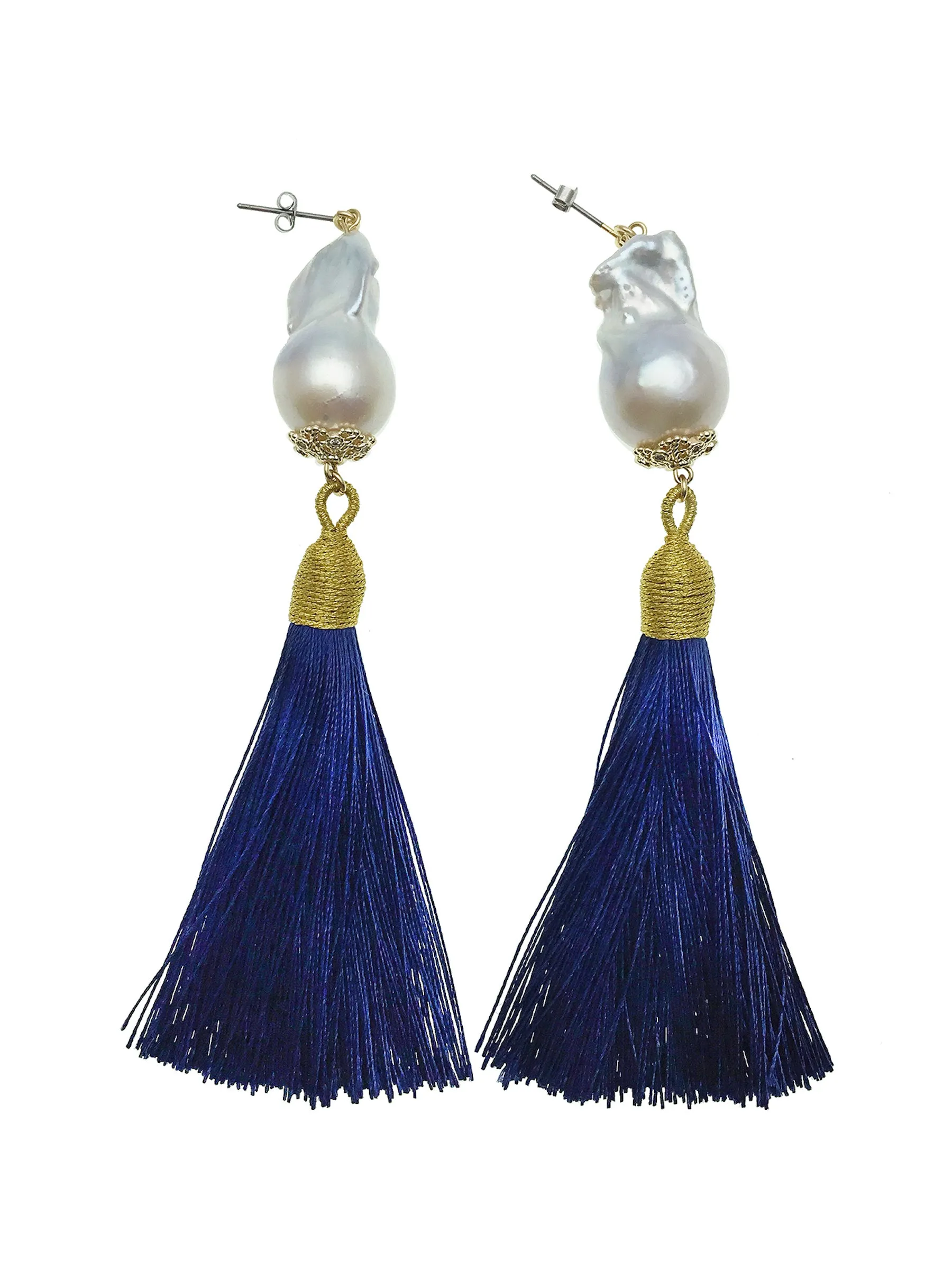 Baroque Pearls With Deep Blue Tassel Earrings CE001