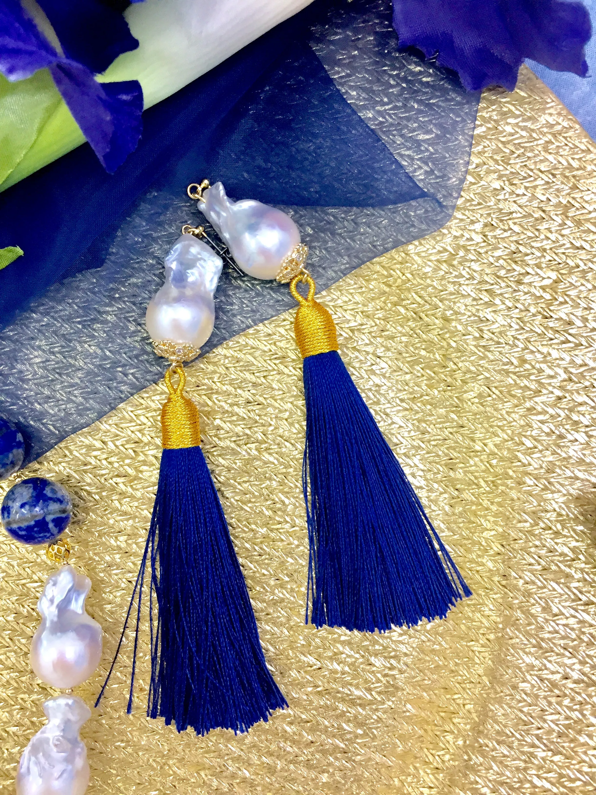 Baroque Pearls With Deep Blue Tassel Earrings CE001