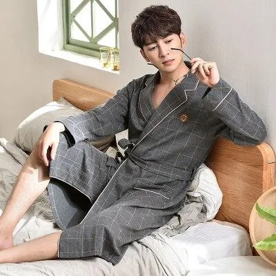 Bath Robes Men Japanese Kimono Long Sleeves 100% Cotton Brand Bathrobe High Quality Luxury Men Robe Lapel Belted Nightgown Robe