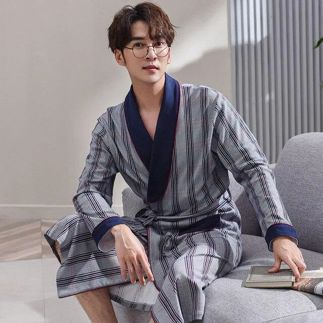 Bath Robes Men Japanese Kimono Long Sleeves 100% Cotton Brand Bathrobe High Quality Luxury Men Robe Lapel Belted Nightgown Robe