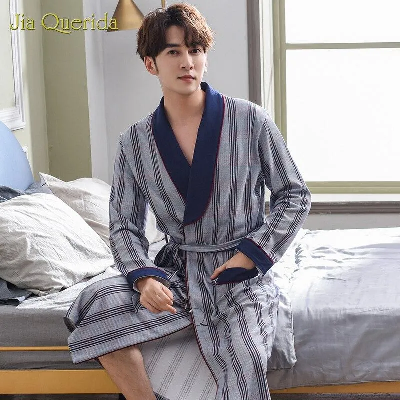 Bath Robes Men Japanese Kimono Long Sleeves 100% Cotton Brand Bathrobe High Quality Luxury Men Robe Lapel Belted Nightgown Robe