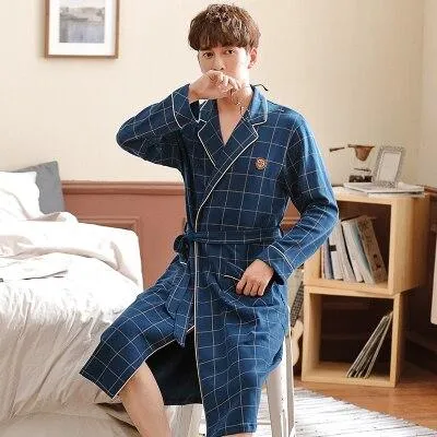 Bath Robes Men Japanese Kimono Long Sleeves 100% Cotton Brand Bathrobe High Quality Luxury Men Robe Lapel Belted Nightgown Robe