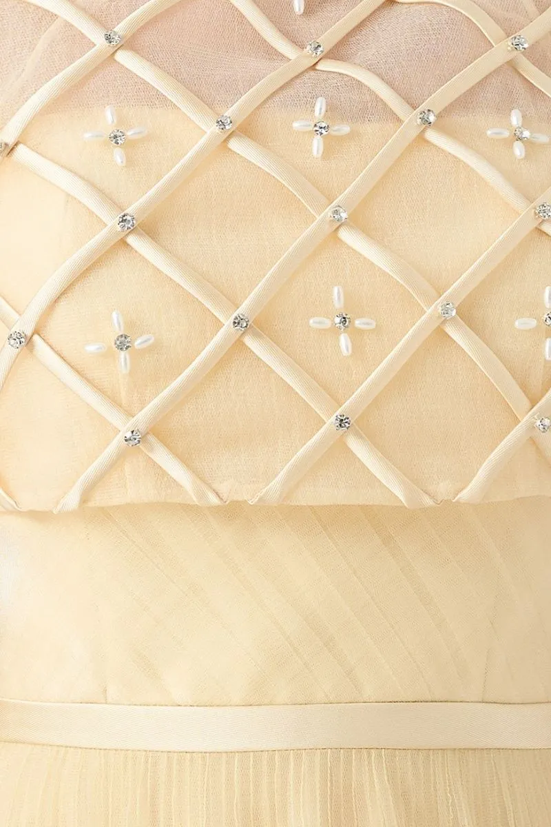 BEIGE A-LINE DRAPED MESH SILK MAXI DRESS