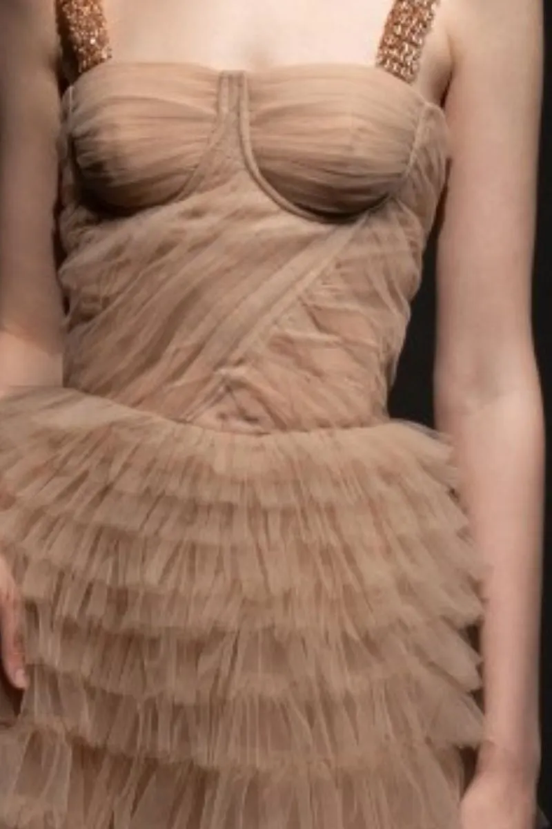 BEIGE LAURENT TULLE LAYERED MAXI DRESS