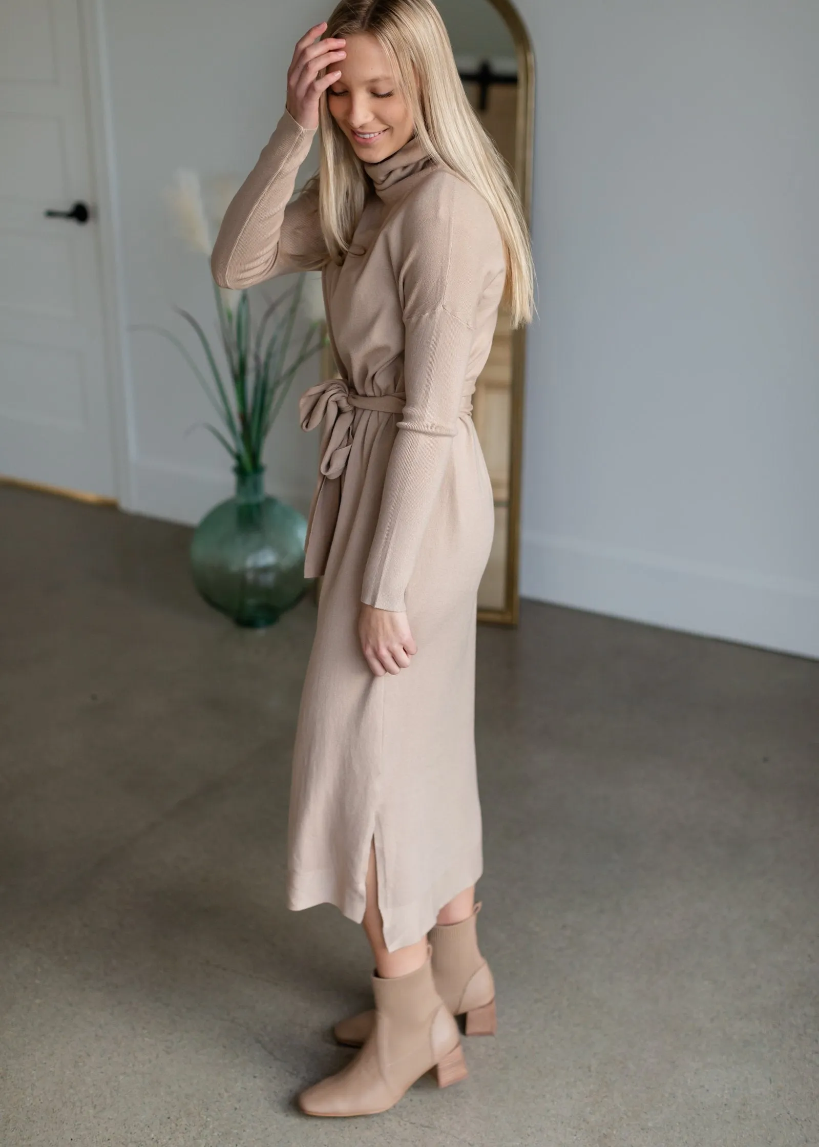 Belted Cowl Turtle Neck Knit Midi Dress