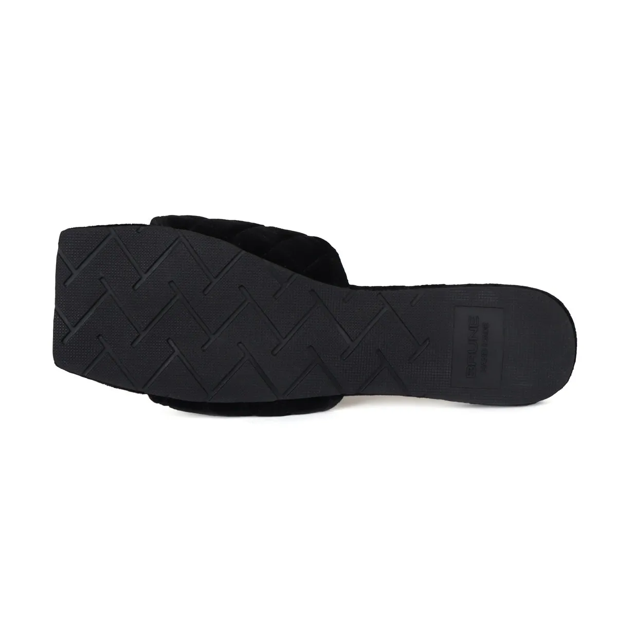 Black Full Quilted Stitched Squared Toe Italian Velvet Slide-in Slippers With Lion Logo By Brune & Bareskin