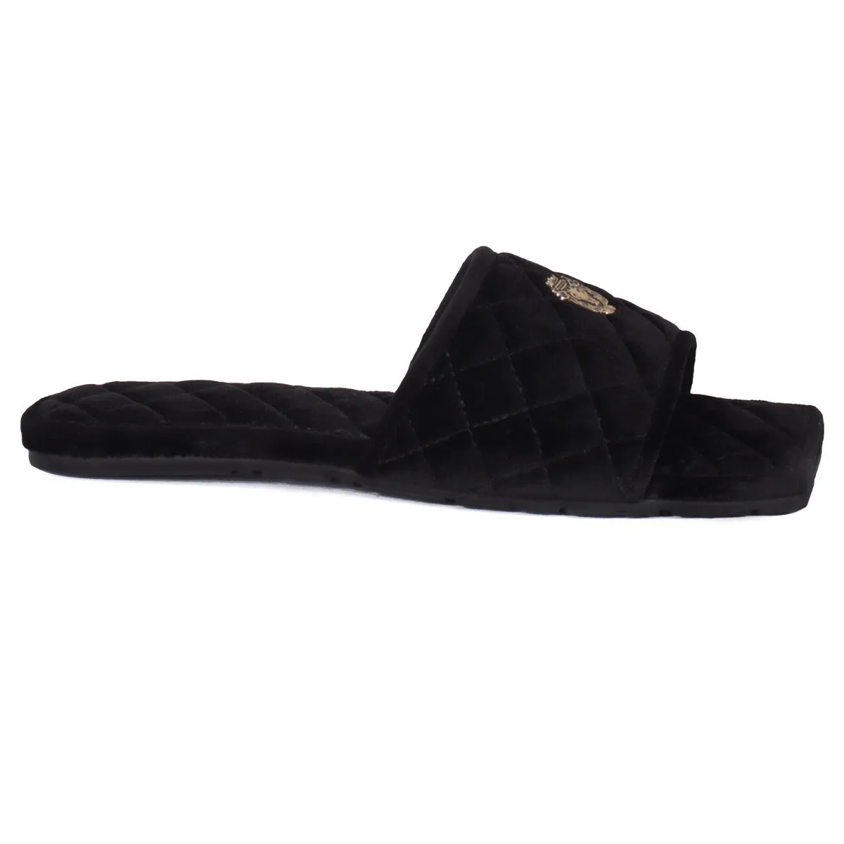 Black Full Quilted Stitched Squared Toe Italian Velvet Slide-in Slippers With Lion Logo By Brune & Bareskin
