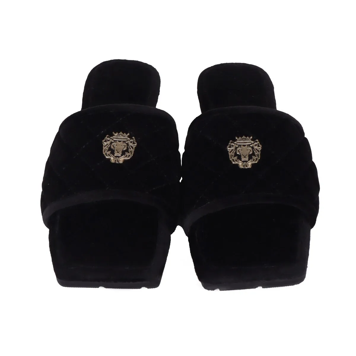 Black Full Quilted Stitched Squared Toe Italian Velvet Slide-in Slippers With Lion Logo By Brune & Bareskin