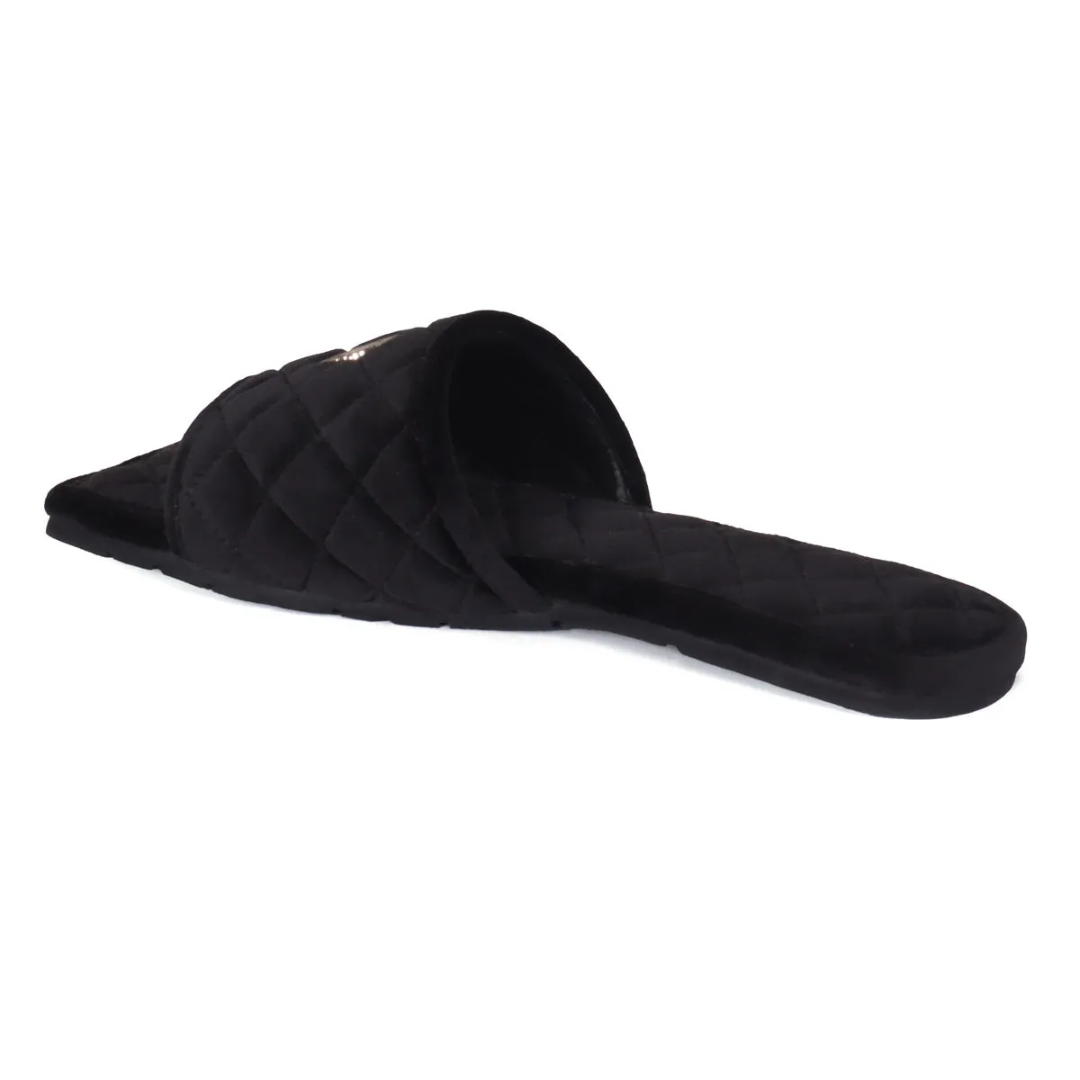 Black Full Quilted Stitched Squared Toe Italian Velvet Slide-in Slippers With Lion Logo By Brune & Bareskin