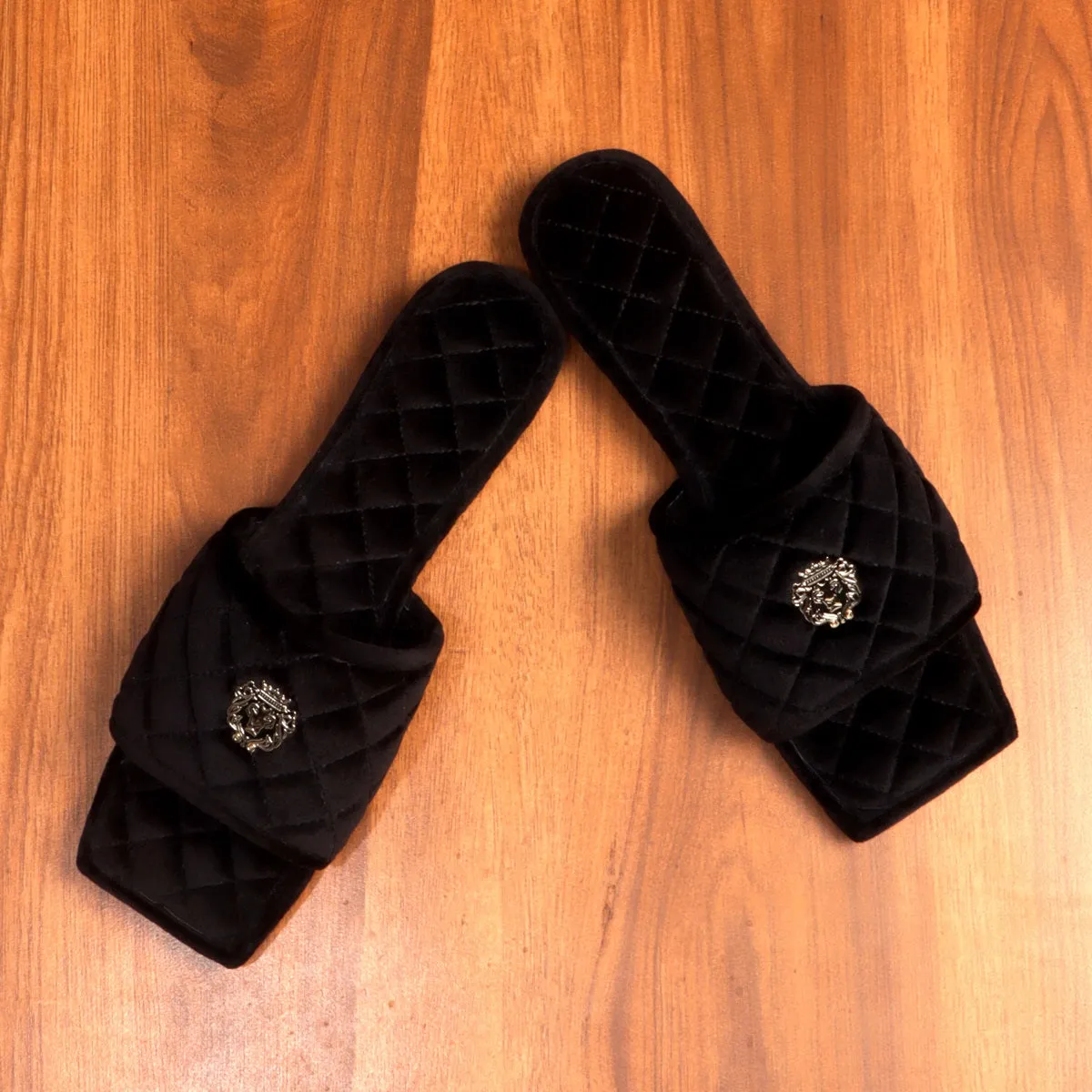 Black Full Quilted Stitched Squared Toe Italian Velvet Slide-in Slippers With Lion Logo By Brune & Bareskin