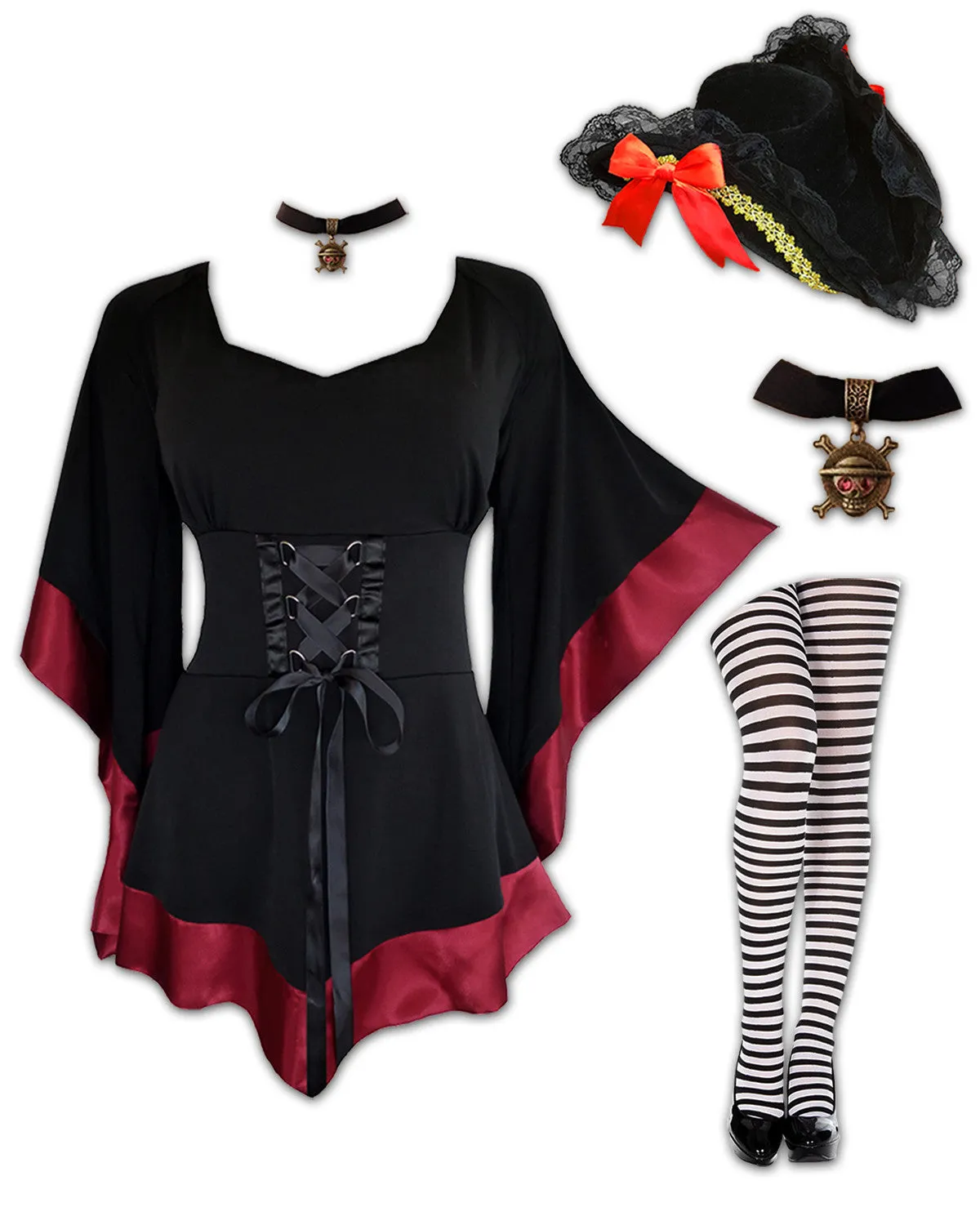 Buccaneer Pirate Costume with Treasure Top, Burgundy