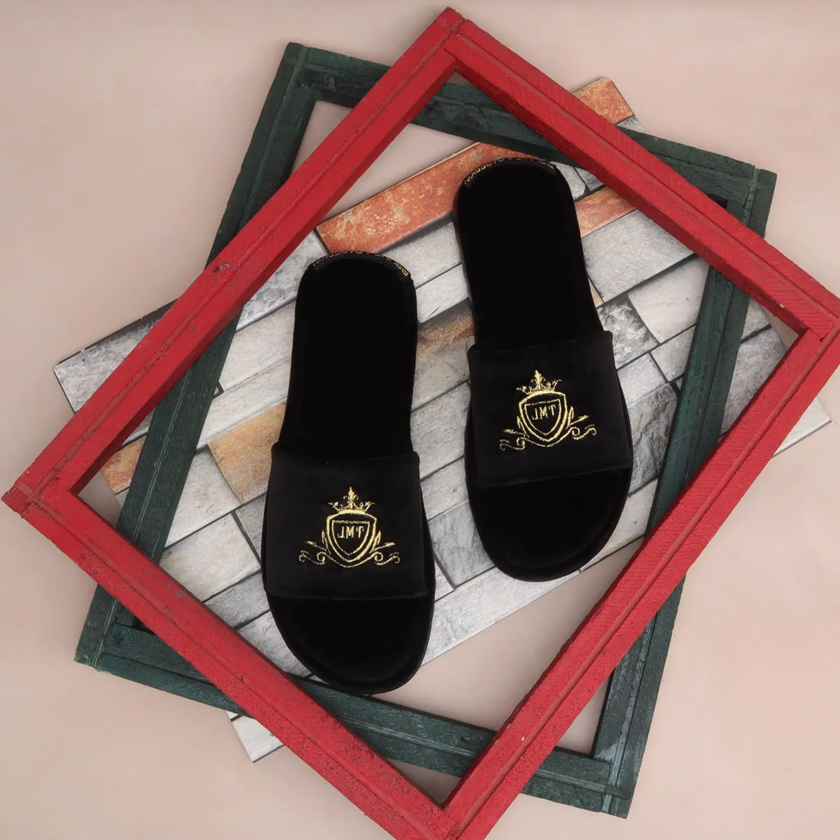 Customized Embroidered "JMT" Initial on Black Velvet Slide-in Slippers By Brune & Bareskin