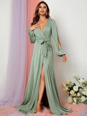 Elegant V Neck Slit Long Sleeve A-Line Dress