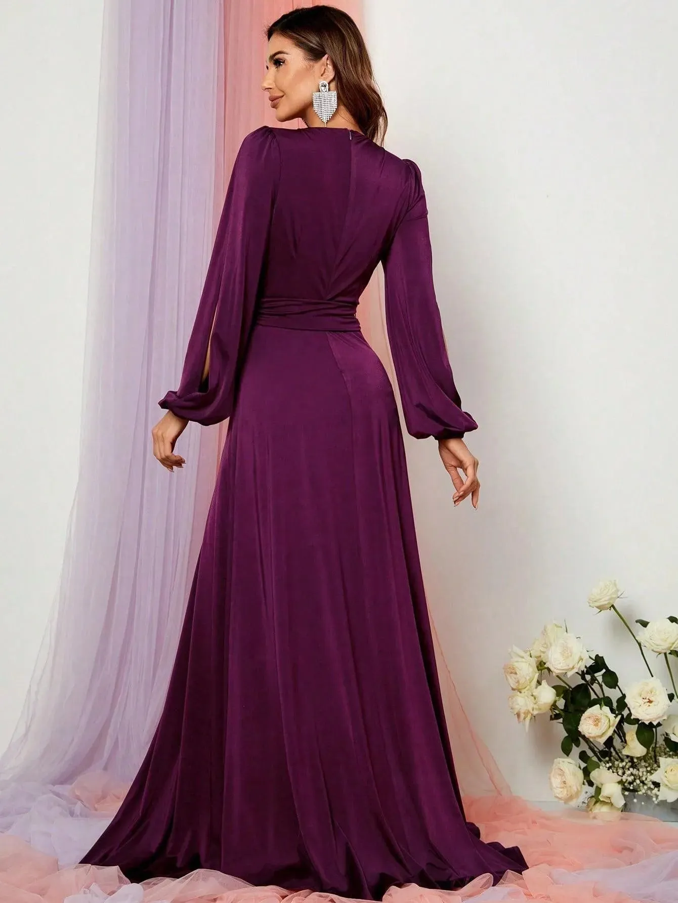 Elegant V Neck Slit Long Sleeve A-Line Dress