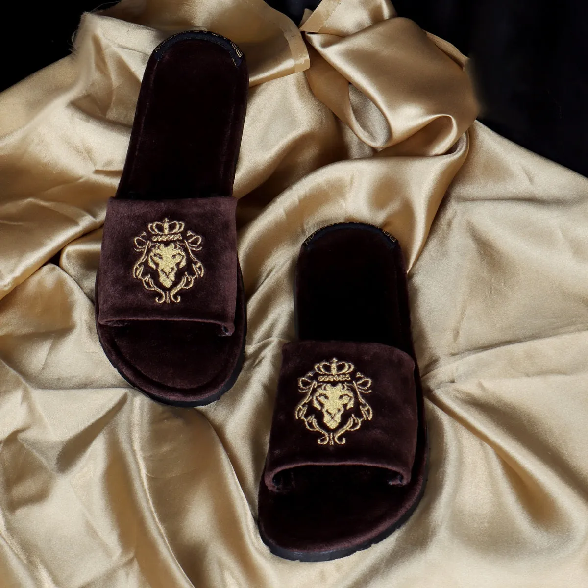 Embroidered Lion Logo Dark Brown Two Tone Full Velvet Women Slippers By Brune & Bareskin