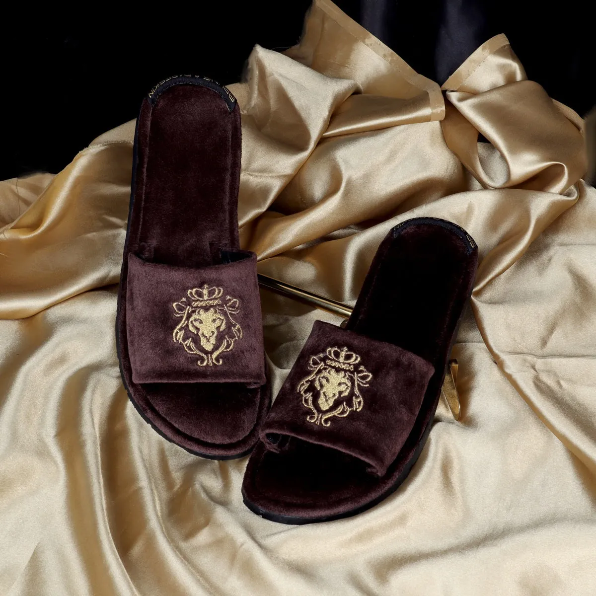 Embroidered Lion Logo Dark Brown Two Tone Full Velvet Women Slippers By Brune & Bareskin