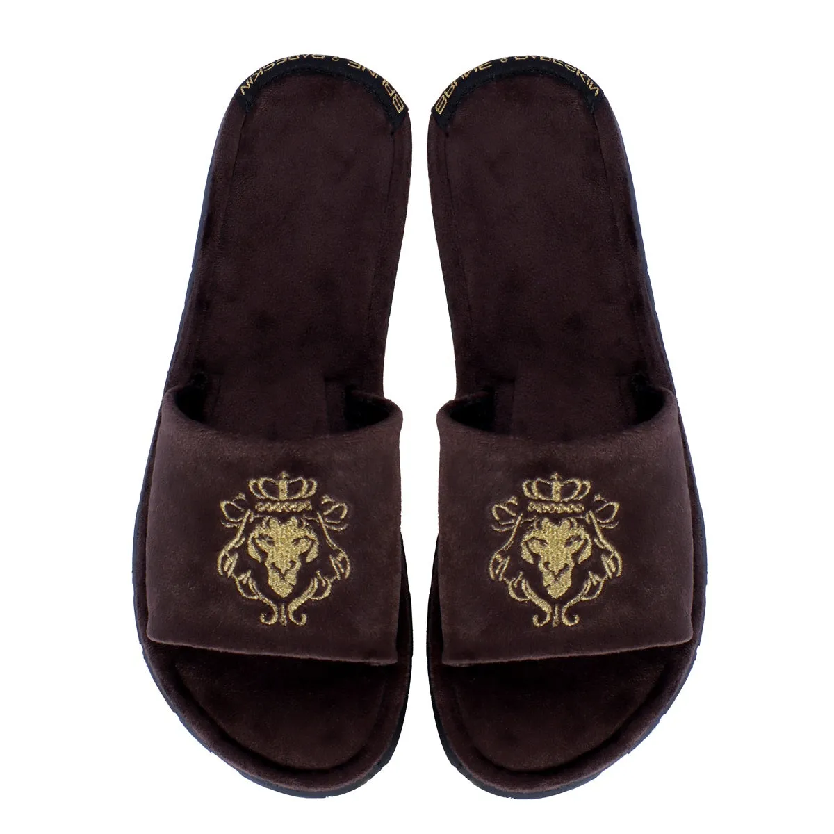 Embroidered Lion Logo Dark Brown Two Tone Full Velvet Women Slippers By Brune & Bareskin