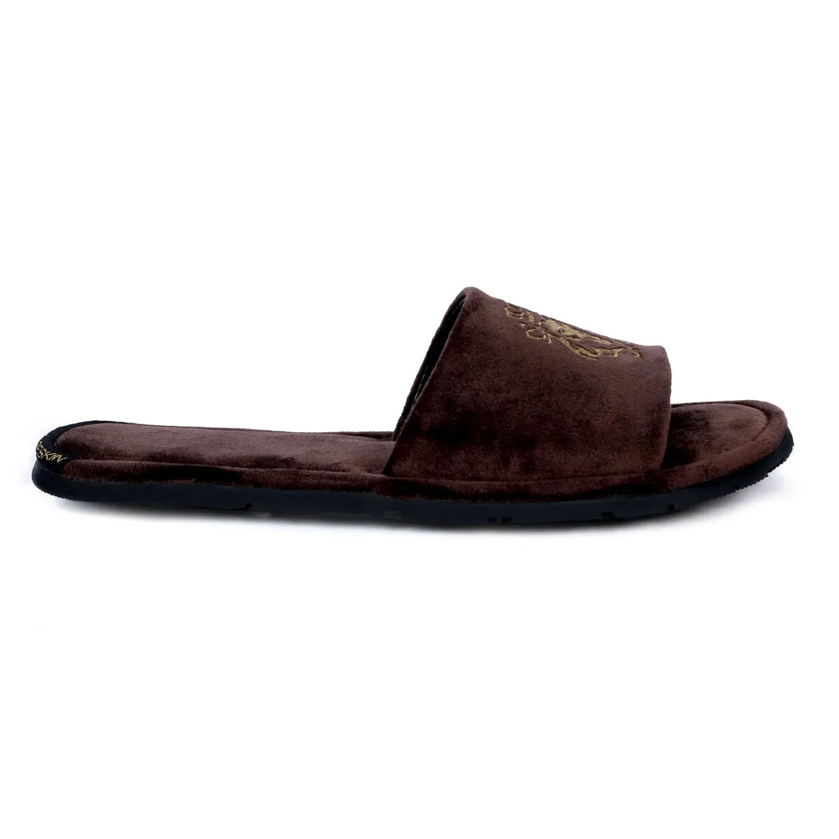 Embroidered Lion Logo Dark Brown Two Tone Full Velvet Women Slippers By Brune & Bareskin