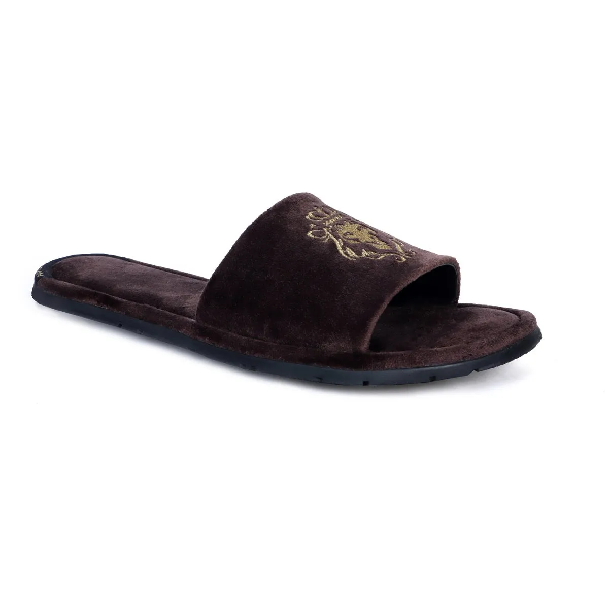 Embroidered Lion Logo Dark Brown Two Tone Full Velvet Women Slippers By Brune & Bareskin