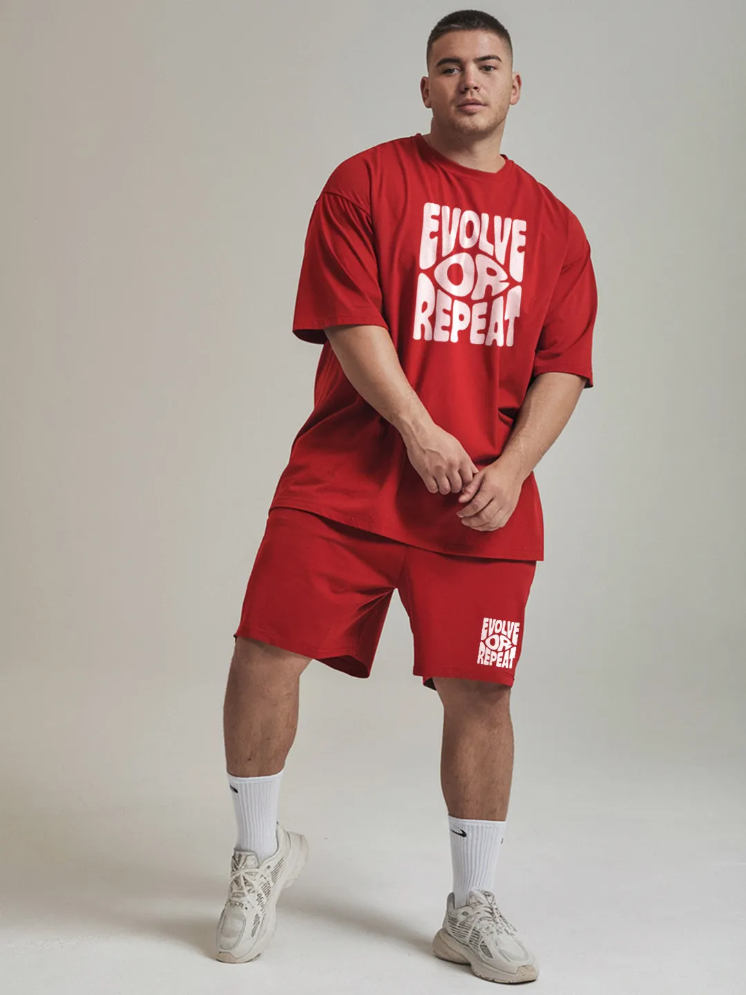 Evolve Or Repeat Cotton Mens T Shirt and Shorts Combo Set (Plus Size)