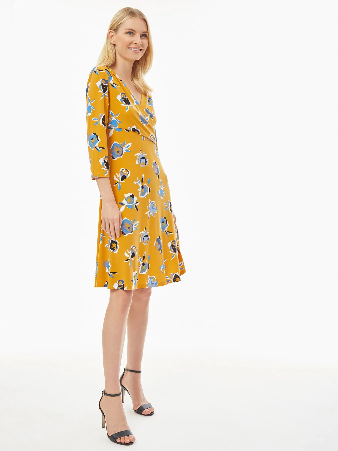 Fit and Flare Faux Wrap Knit Jersey Dress