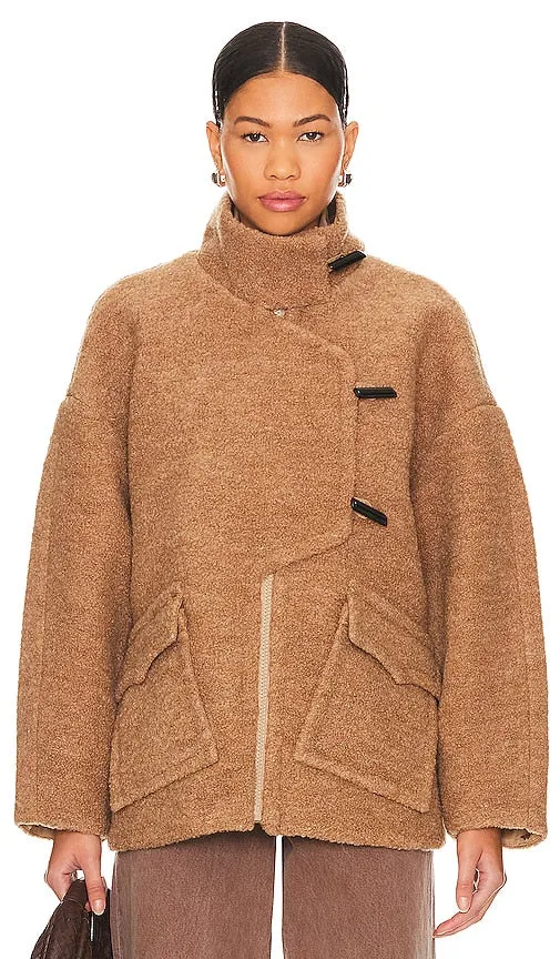 Ganni Drop Shoulder Boucle Jacket in Tan
