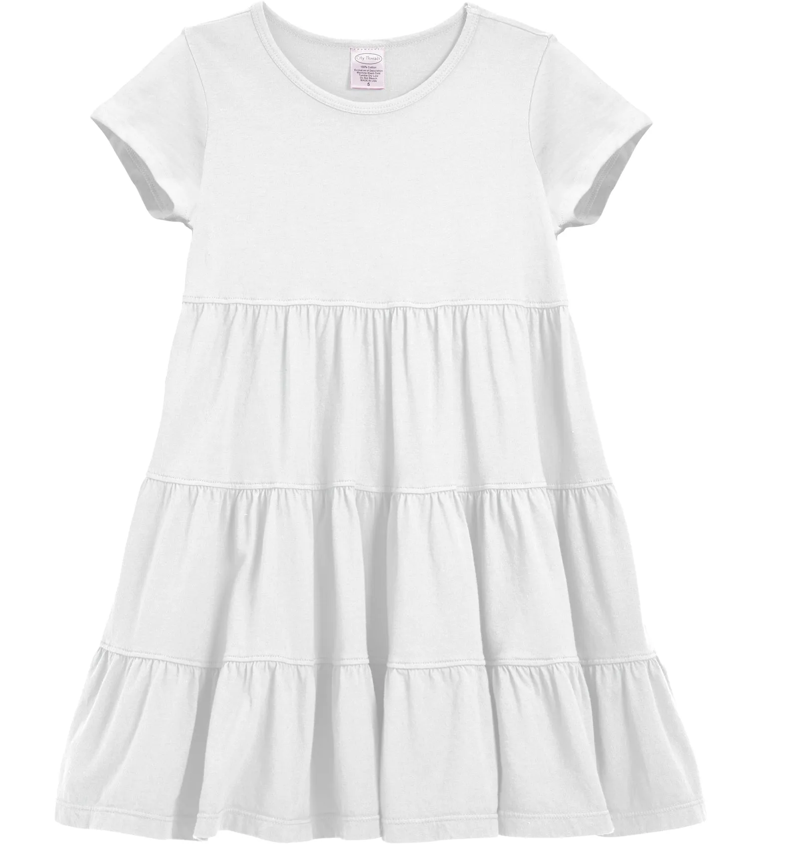 Girls Soft Cotton Jersey Short Sleeve Tiered Dress | White