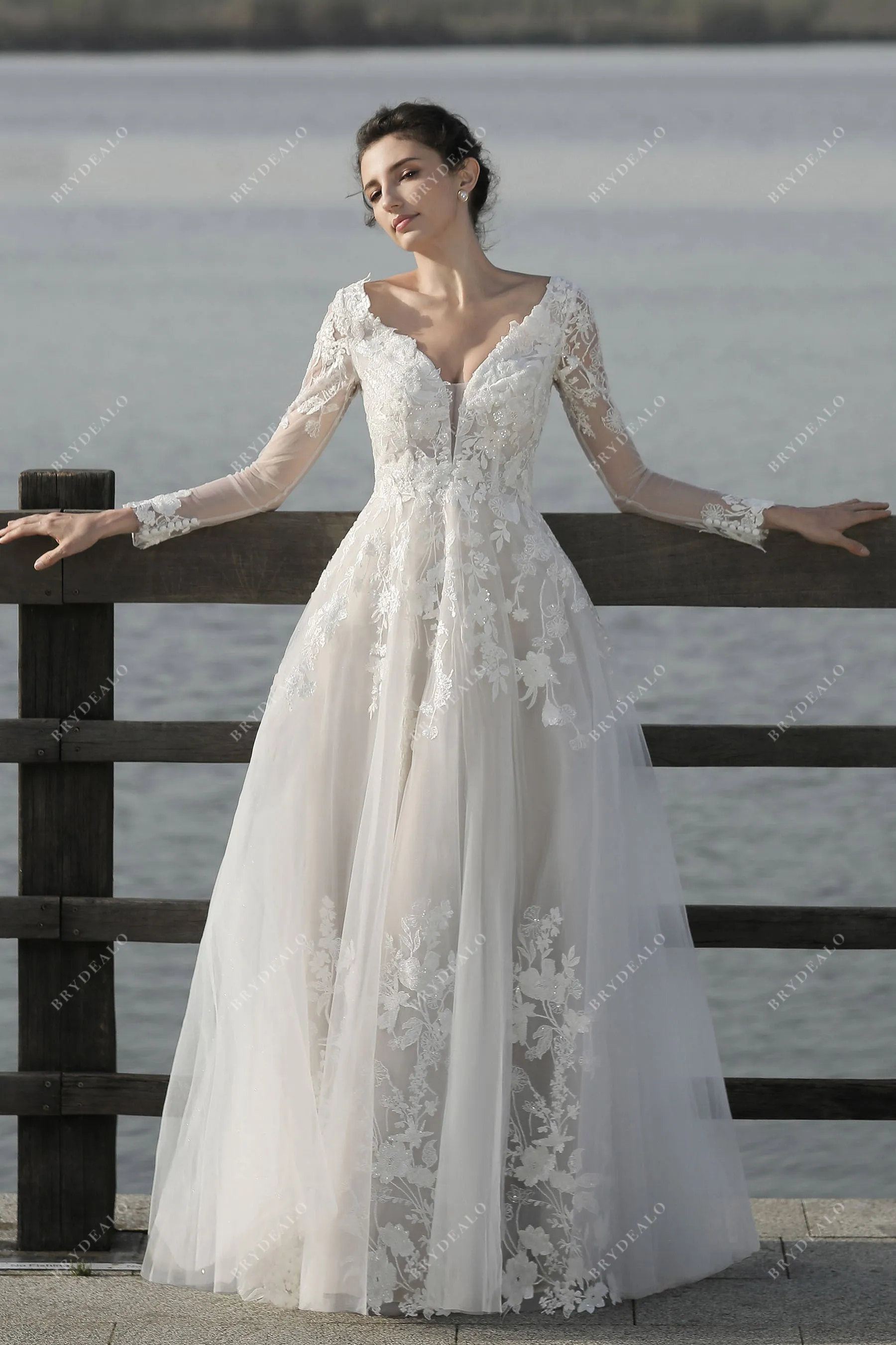 Gorgeous Lace Sheer Sleeve Plunging Floor Length Bridal Dress
