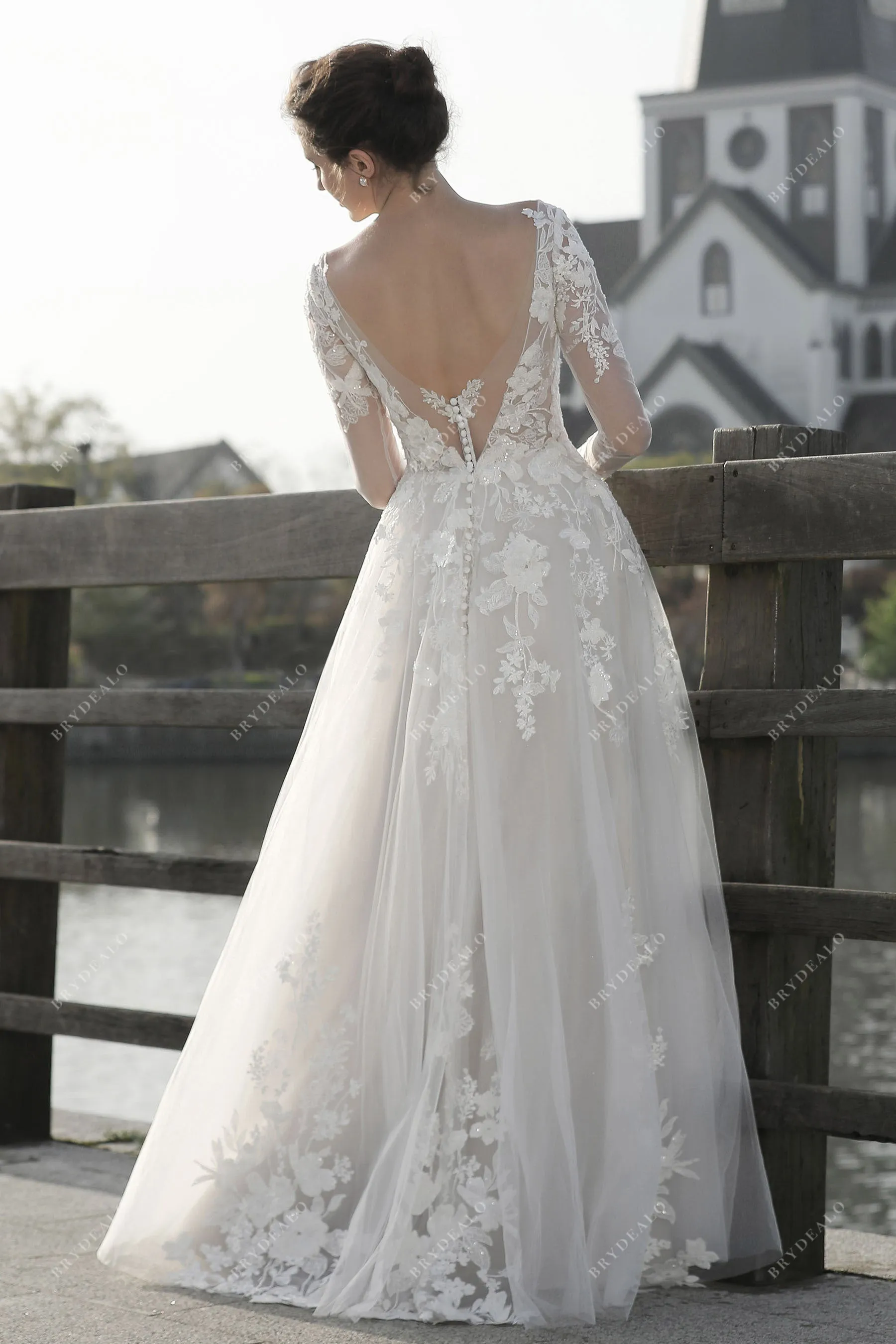 Gorgeous Lace Sheer Sleeve Plunging Floor Length Bridal Dress