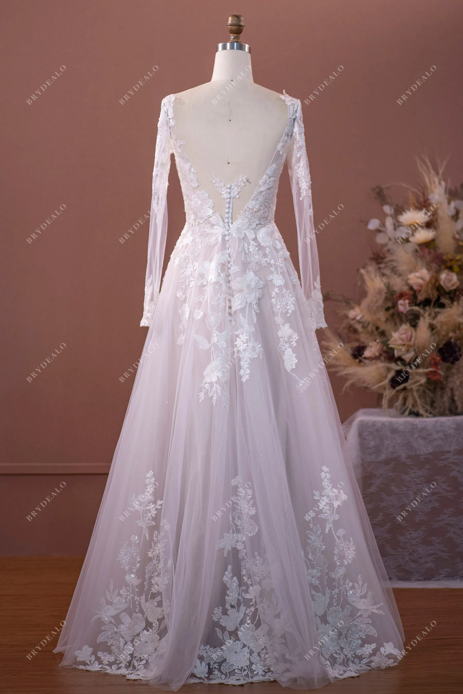 Gorgeous Lace Sheer Sleeve Plunging Floor Length Bridal Dress