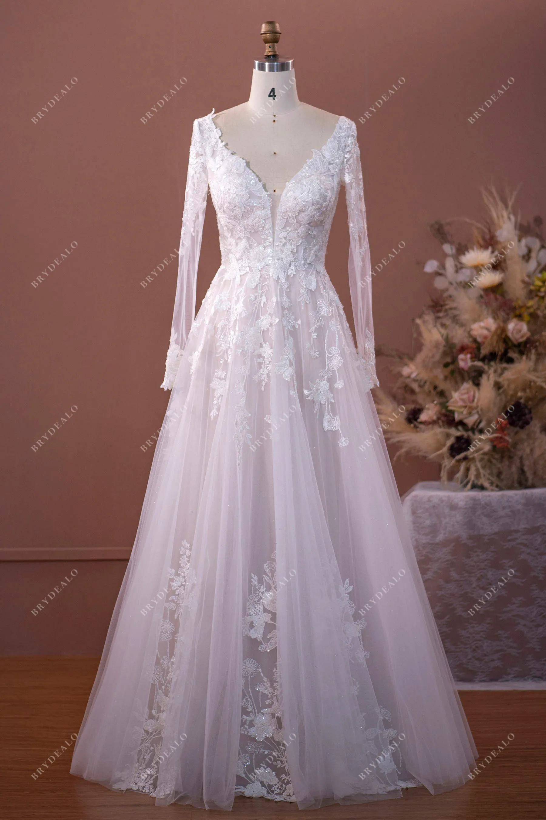 Gorgeous Lace Sheer Sleeve Plunging Floor Length Bridal Dress