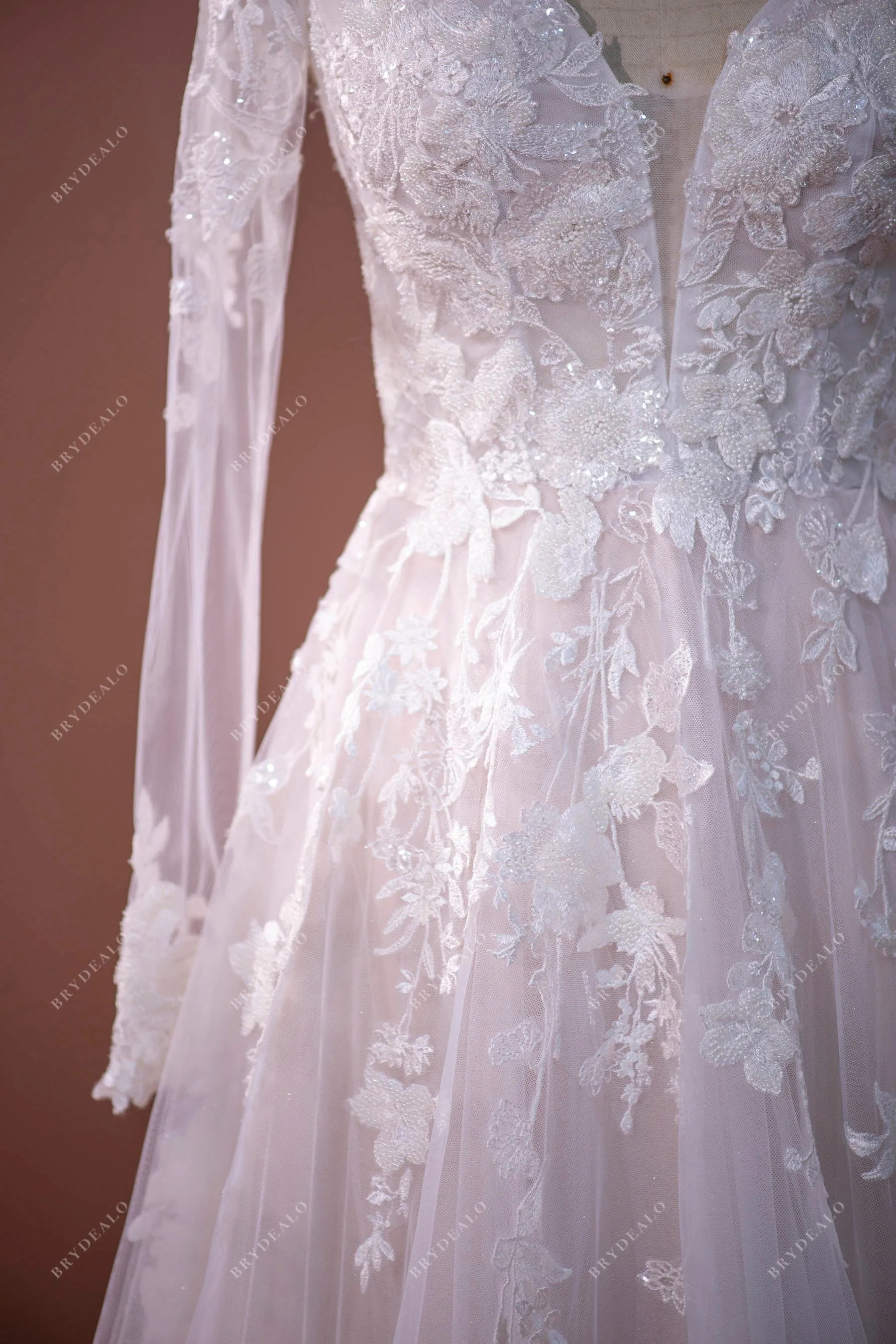 Gorgeous Lace Sheer Sleeve Plunging Floor Length Bridal Dress