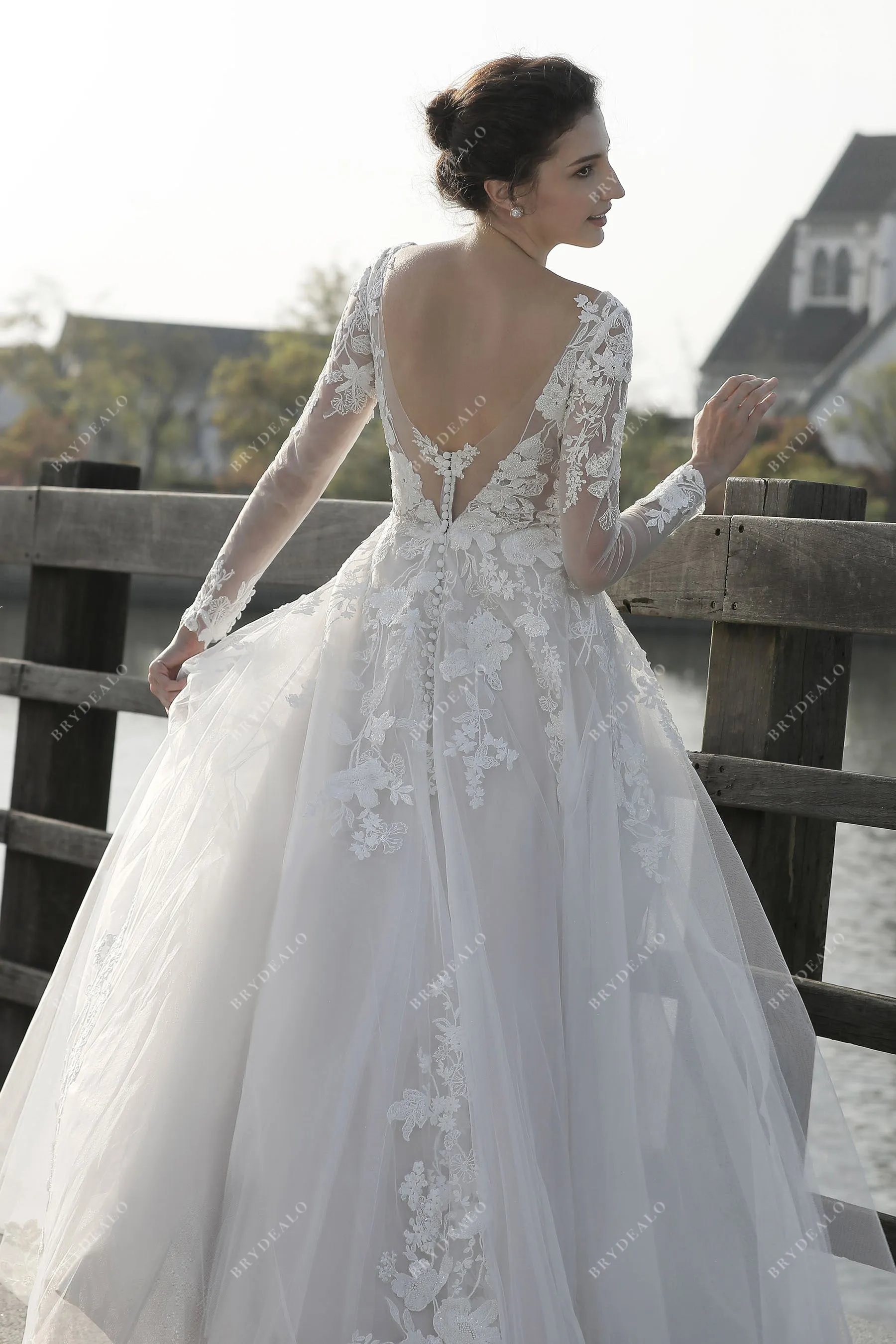 Gorgeous Lace Sheer Sleeve Plunging Floor Length Bridal Dress