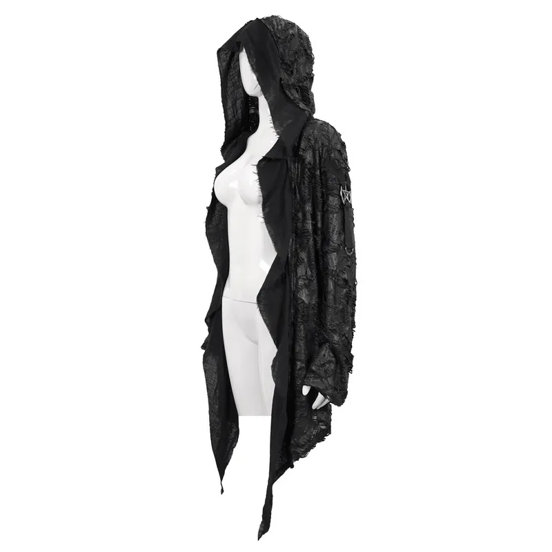Gothic Punk Irregular Hooded Trench Coat / Stylish Loose Cape with Metal Pentagrams