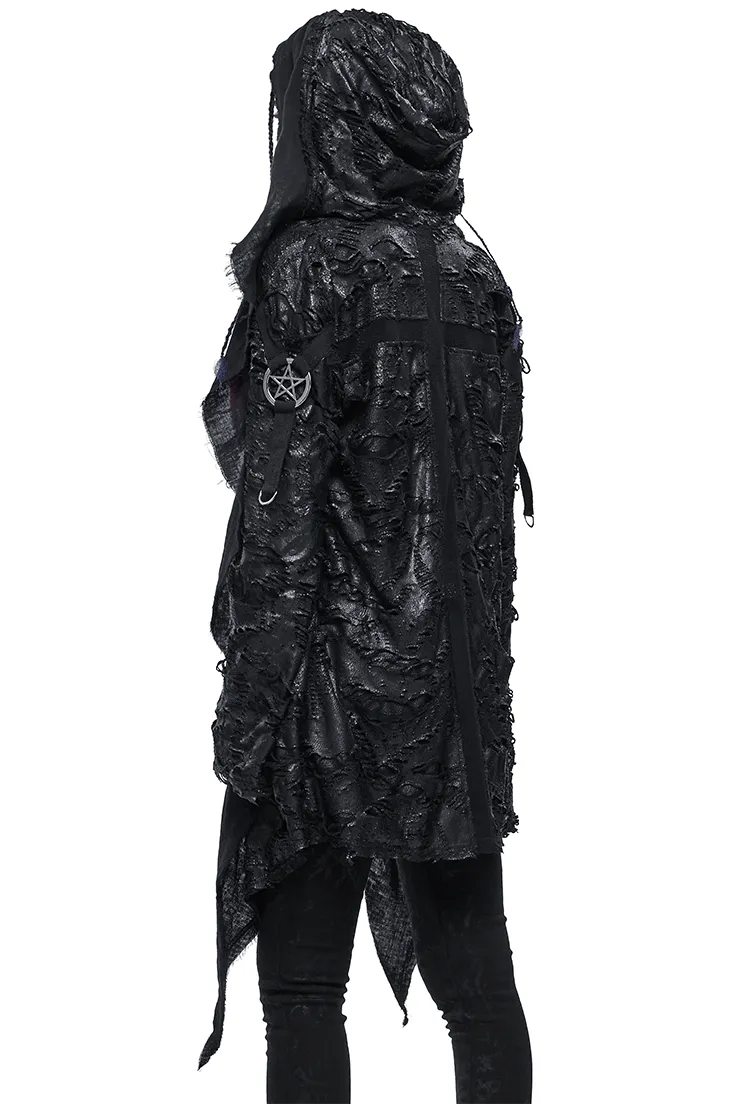 Gothic Punk Irregular Hooded Trench Coat / Stylish Loose Cape with Metal Pentagrams