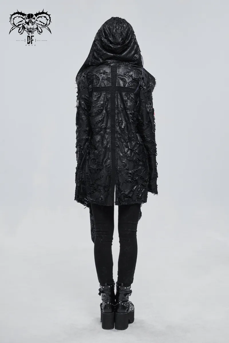 Gothic Punk Irregular Hooded Trench Coat / Stylish Loose Cape with Metal Pentagrams
