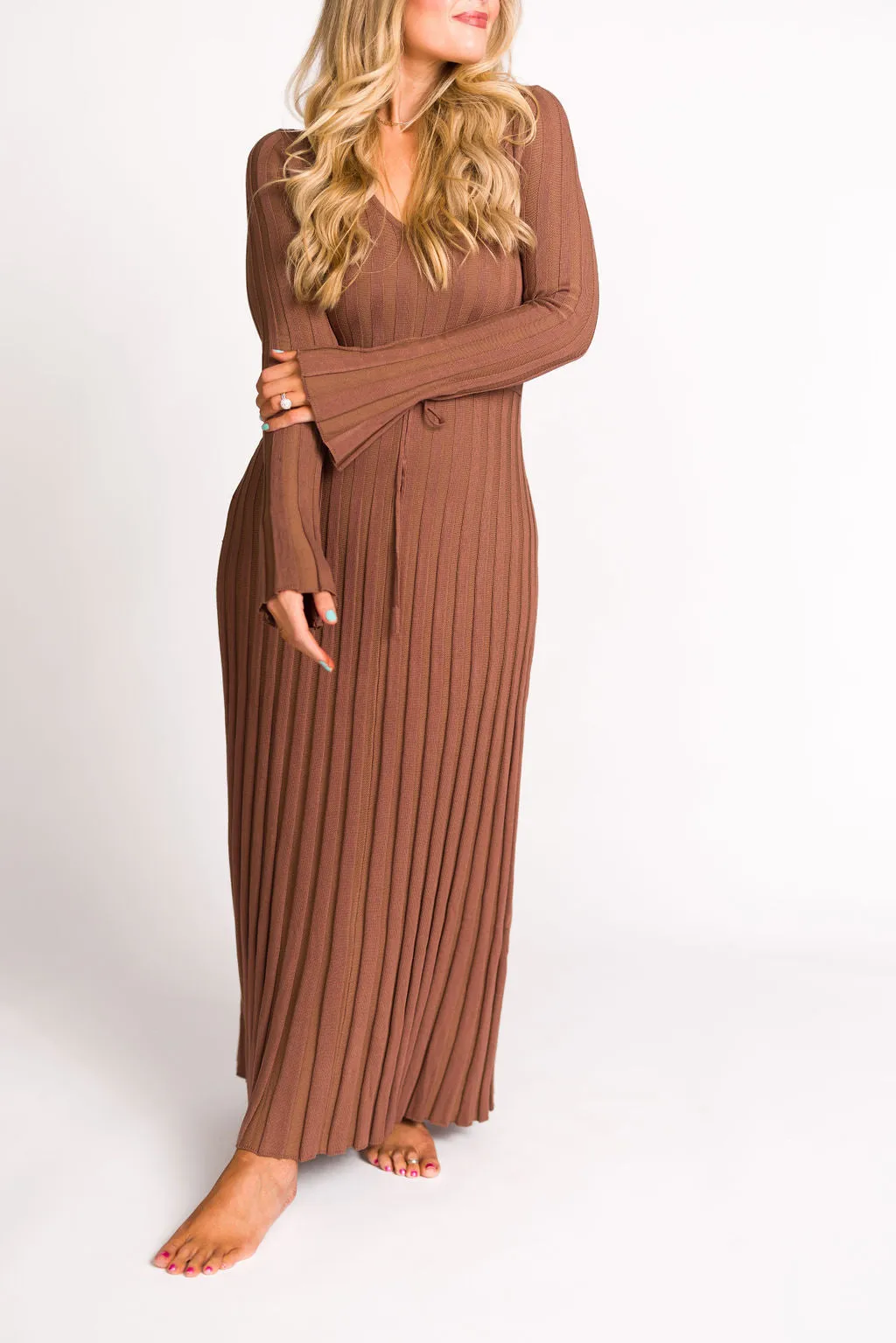 Hadley Long Sleeve V-Neck Knit Maxi Dress in Cocoa - Restocking in Nov