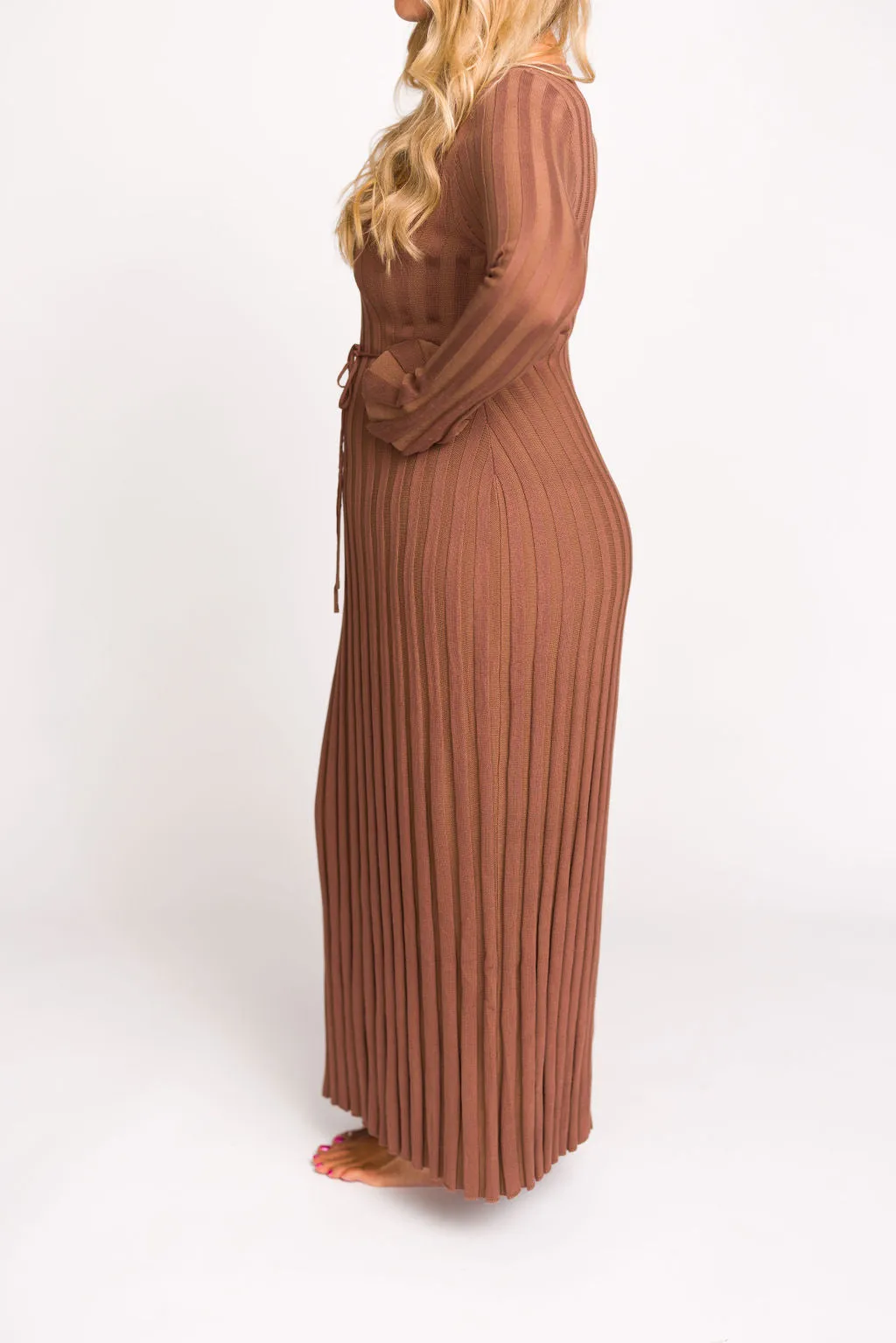 Hadley Long Sleeve V-Neck Knit Maxi Dress in Cocoa - Restocking in Nov