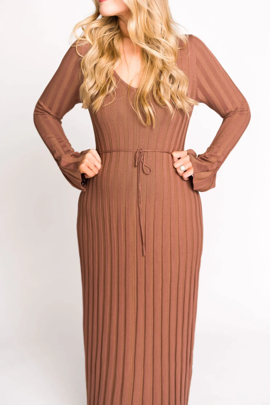 Hadley Long Sleeve V-Neck Knit Maxi Dress in Cocoa - Restocking in Nov