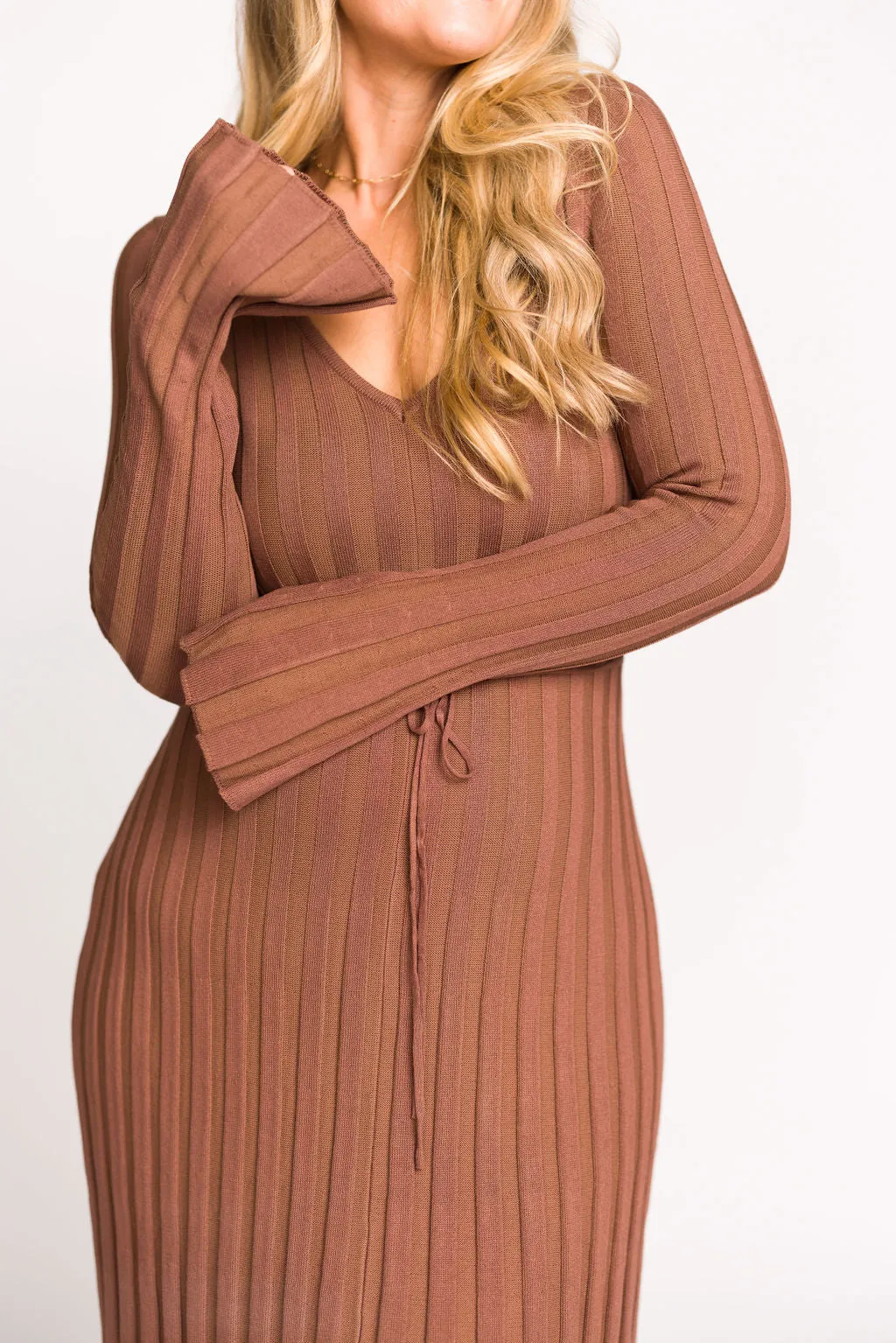 Hadley Long Sleeve V-Neck Knit Maxi Dress in Cocoa - Restocking in Nov