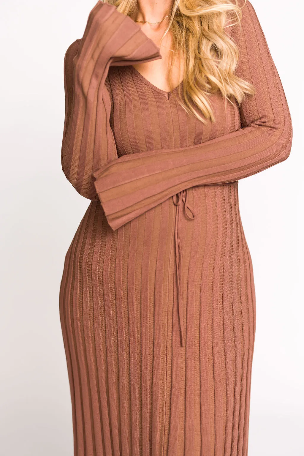 Hadley Long Sleeve V-Neck Knit Maxi Dress in Cocoa - Restocking in Nov