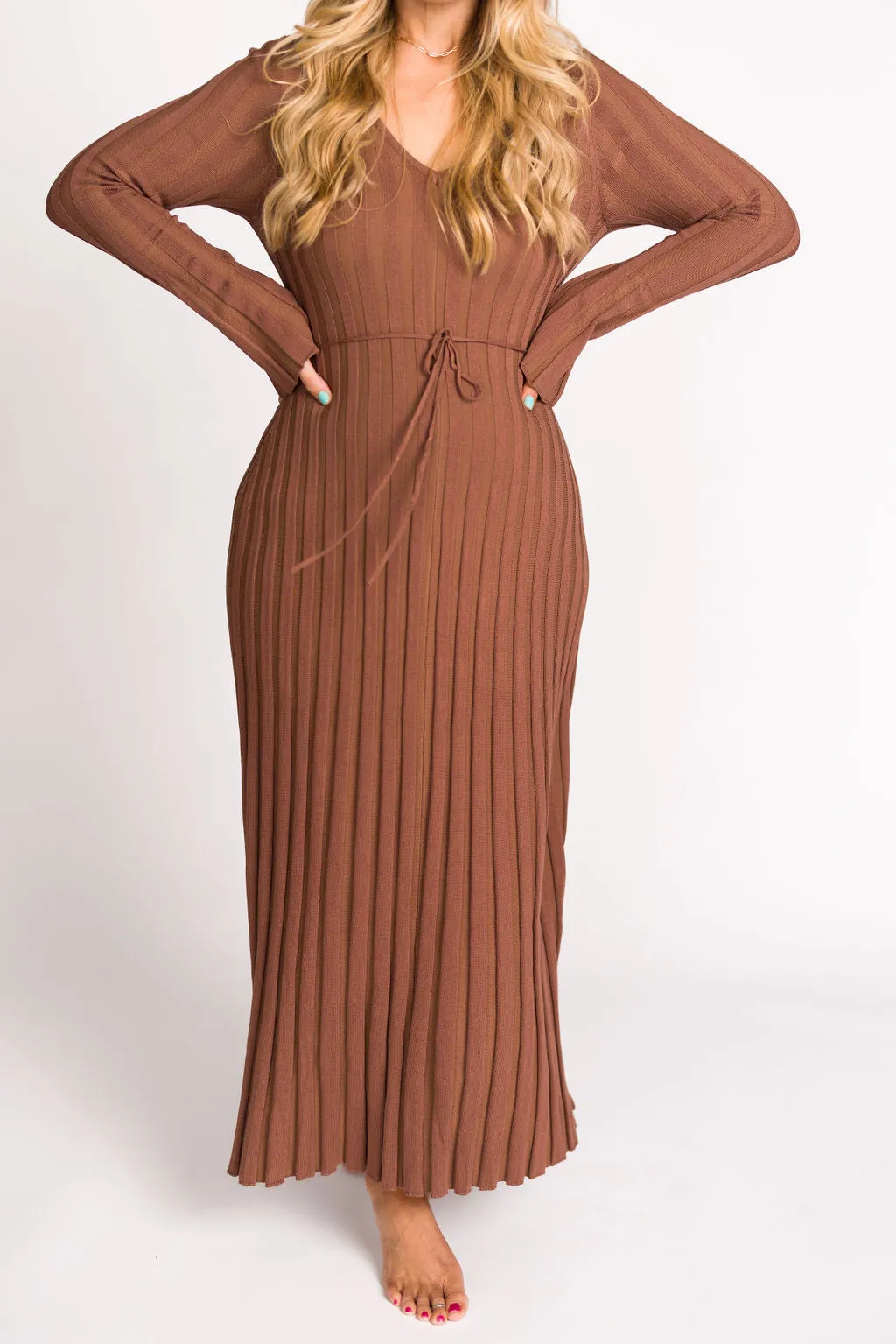 Hadley Long Sleeve V-Neck Knit Maxi Dress in Cocoa - Restocking in Nov