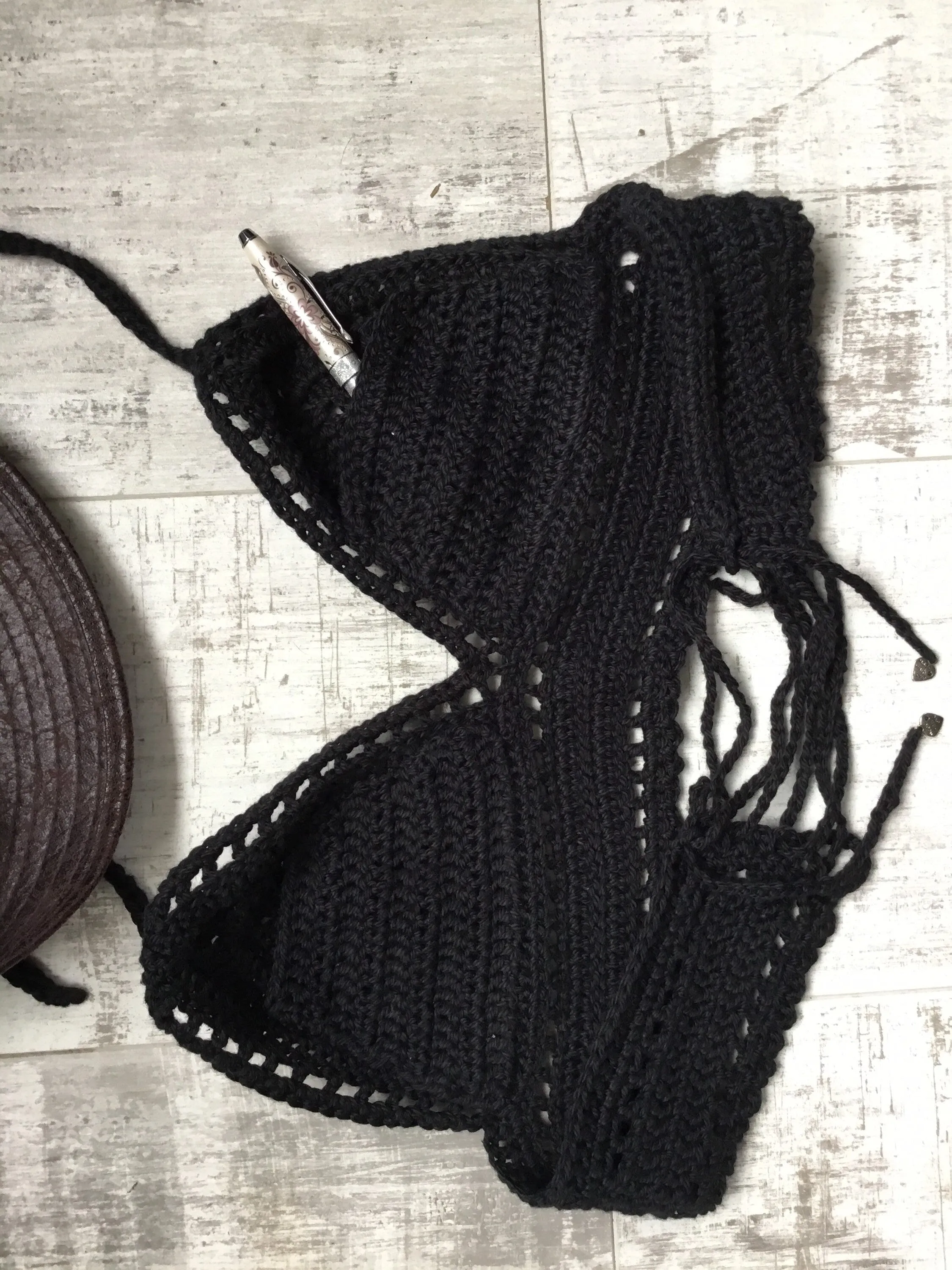 Handmade Crochet Black Halter Top Adjustable Padded Bralette